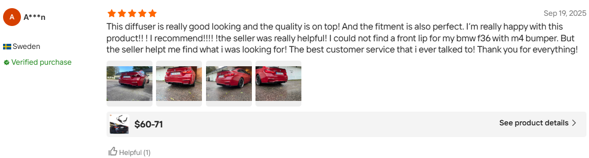 Verified Sweden buyer review of a VCT carbon fiber rear diffuser