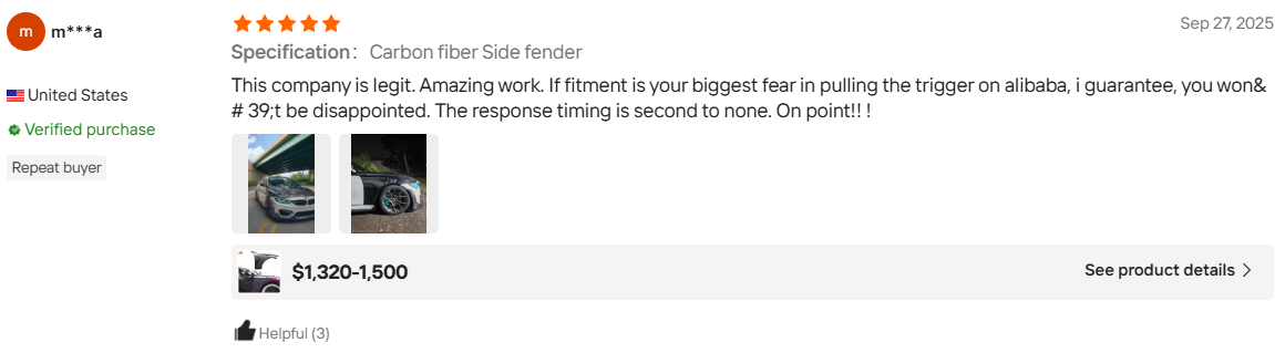 Verified United States repeat buyer review of a VCT carbon fiber side fender