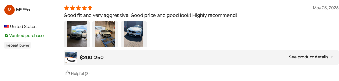 Verified United States buyer review praising VCT carbon fiber fitment