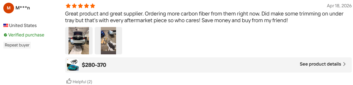 Verified United States repeat buyer review of VCT carbon fiber products